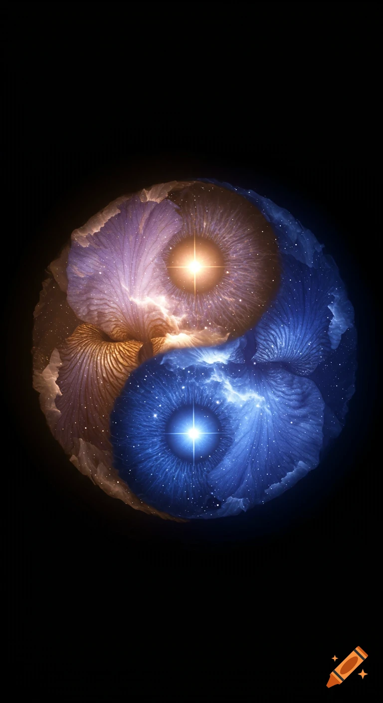 A cosmic Yin-Yang symbol formed by two swirling irises, one golden-purple, one blue, both filled with stars and light.