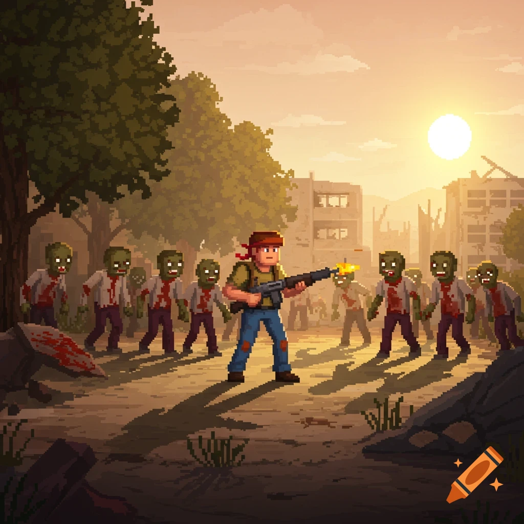 Pixel art of a survivor shooting zombies in a destroyed city at sunset.