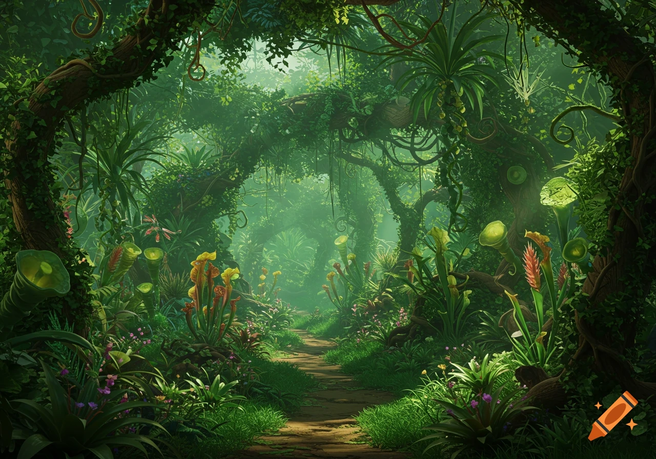 A photorealistic jungle path winds through lush, vibrant exotic plants and trees, with misty light filtering through the canopy.