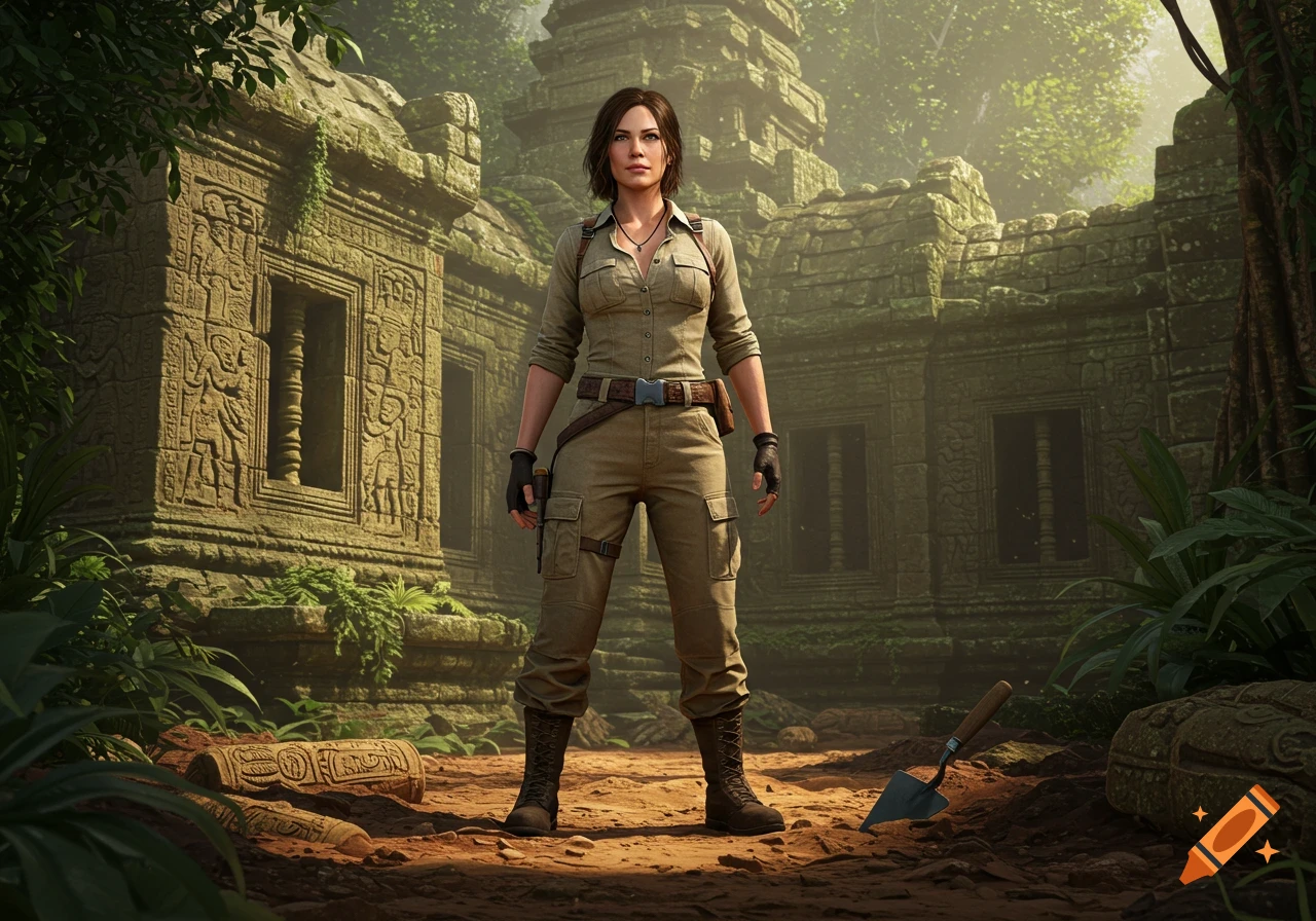 A photorealistic image of a female explorer standing confidently in ancient, overgrown jungle ruins.