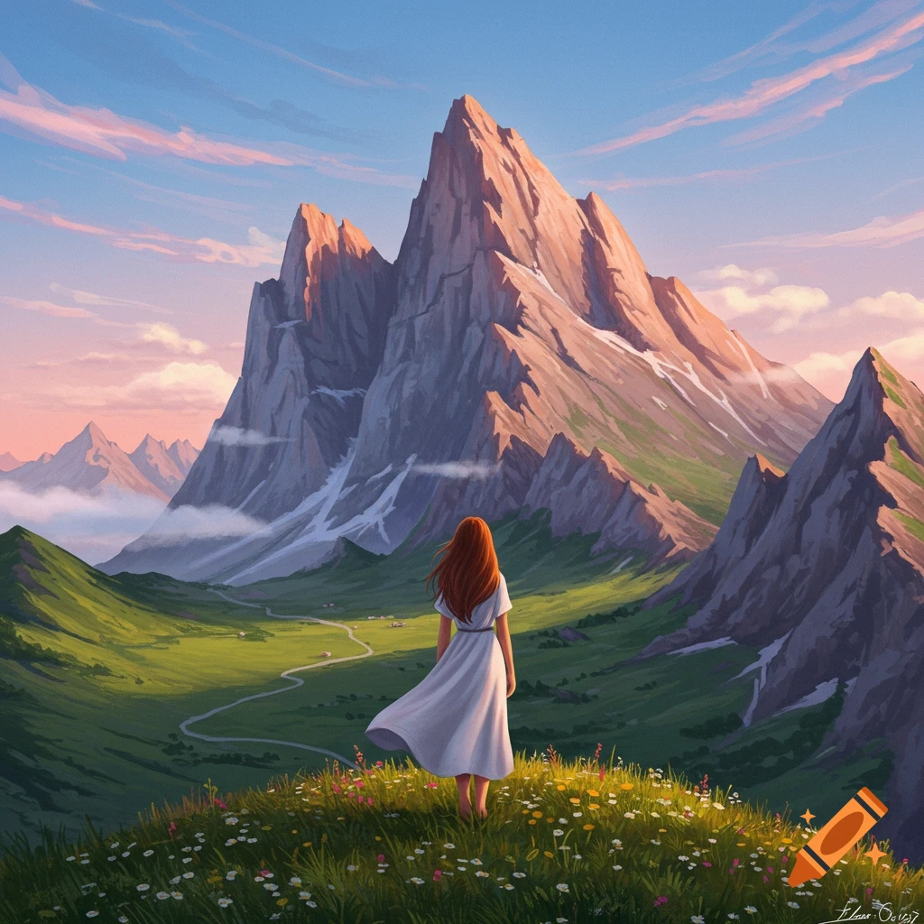 Woman in white dress on a flower-covered hill, facing towering mountains at sunset, digital painting.