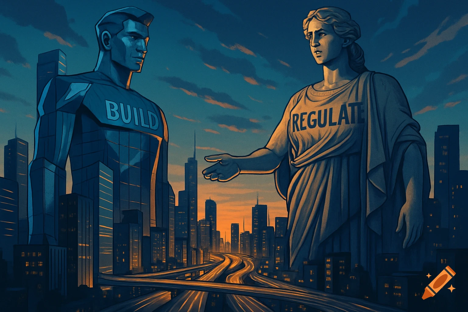 Colossal figures, 'BUILD' and 'REGULATE', stand over a futuristic cityscape with highways in a comic book style.
