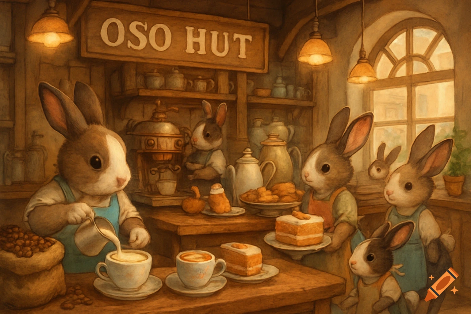 Anthropomorphic rabbits operating a cozy cafe, one pouring milk into a coffee, others serving pastries, in a warm, painterly style.