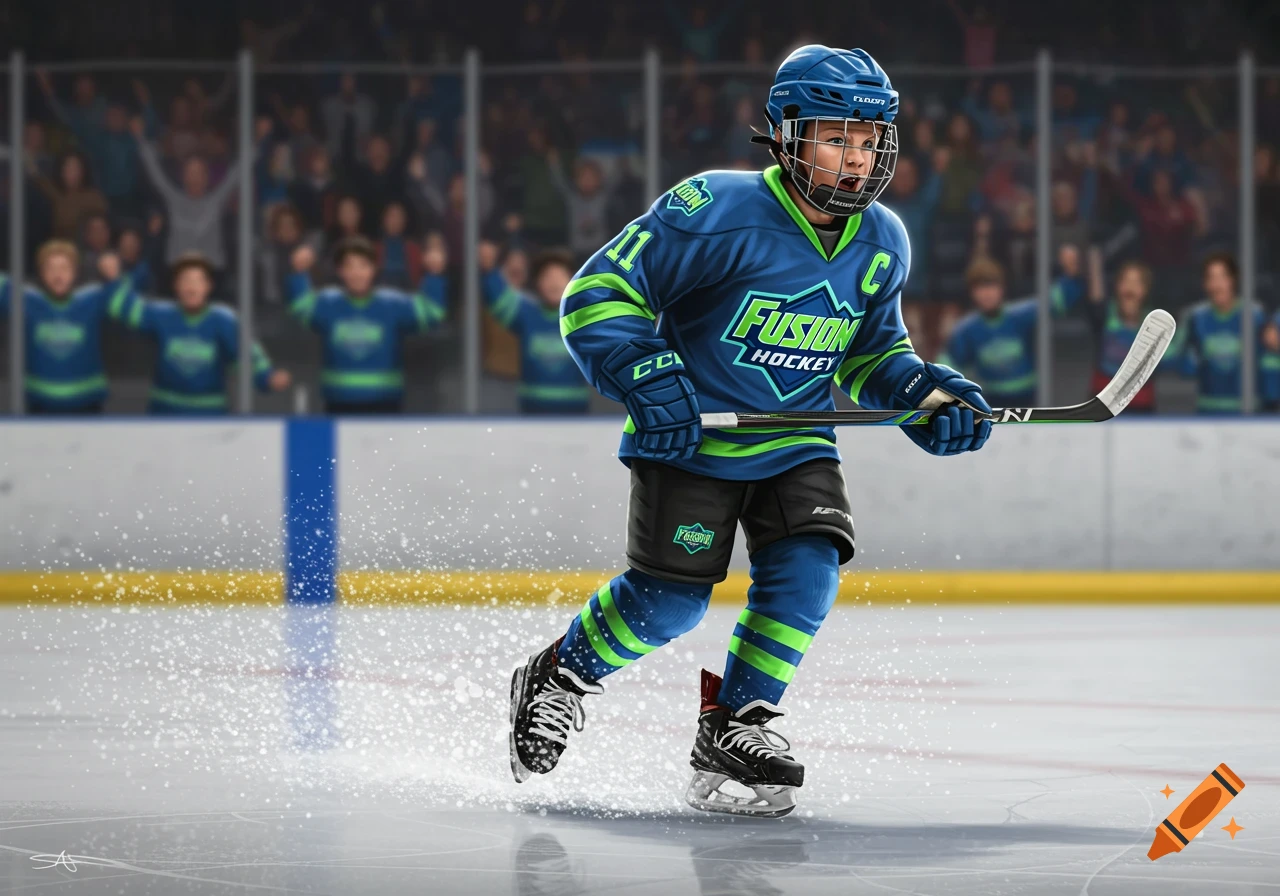 A young hockey player in a blue and green 'Fusion Hockey' uniform skates on ice, kicking up snow, in an illustration.
