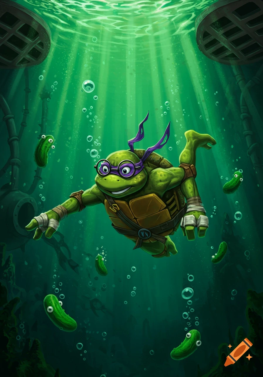 Donatello, the green ninja turtle wearing purple glasses and a headband, smiles while swimming underwater in green sewers with floating pickles and bubbles.