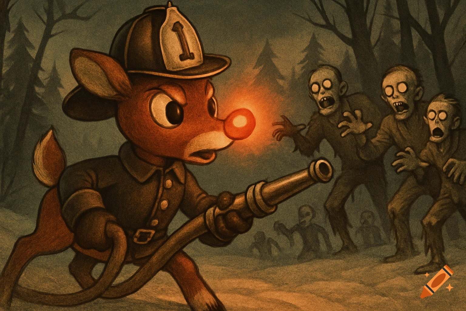 Rudolph as a firefighter battling cartoonish zombies in a dark forest, vintage illustration style.