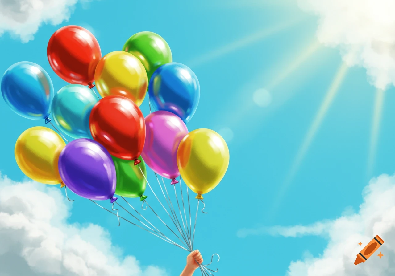 A hand holds a colorful bunch of red, yellow, blue, green, and purple balloons against a bright blue sky with clouds and sun rays.