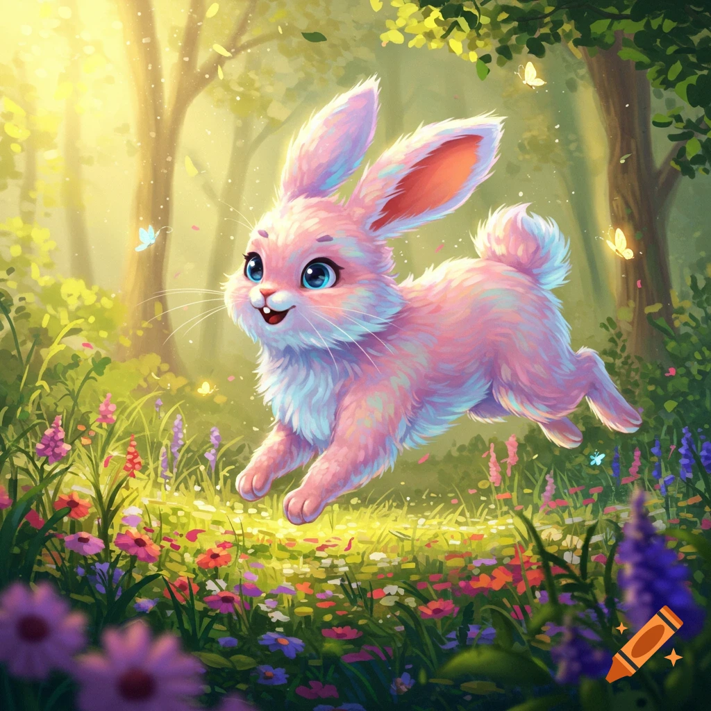 A cute, fluffy pink bunny with blue eyes jumps through a vibrant field of colorful flowers in a sunny, whimsical forest.