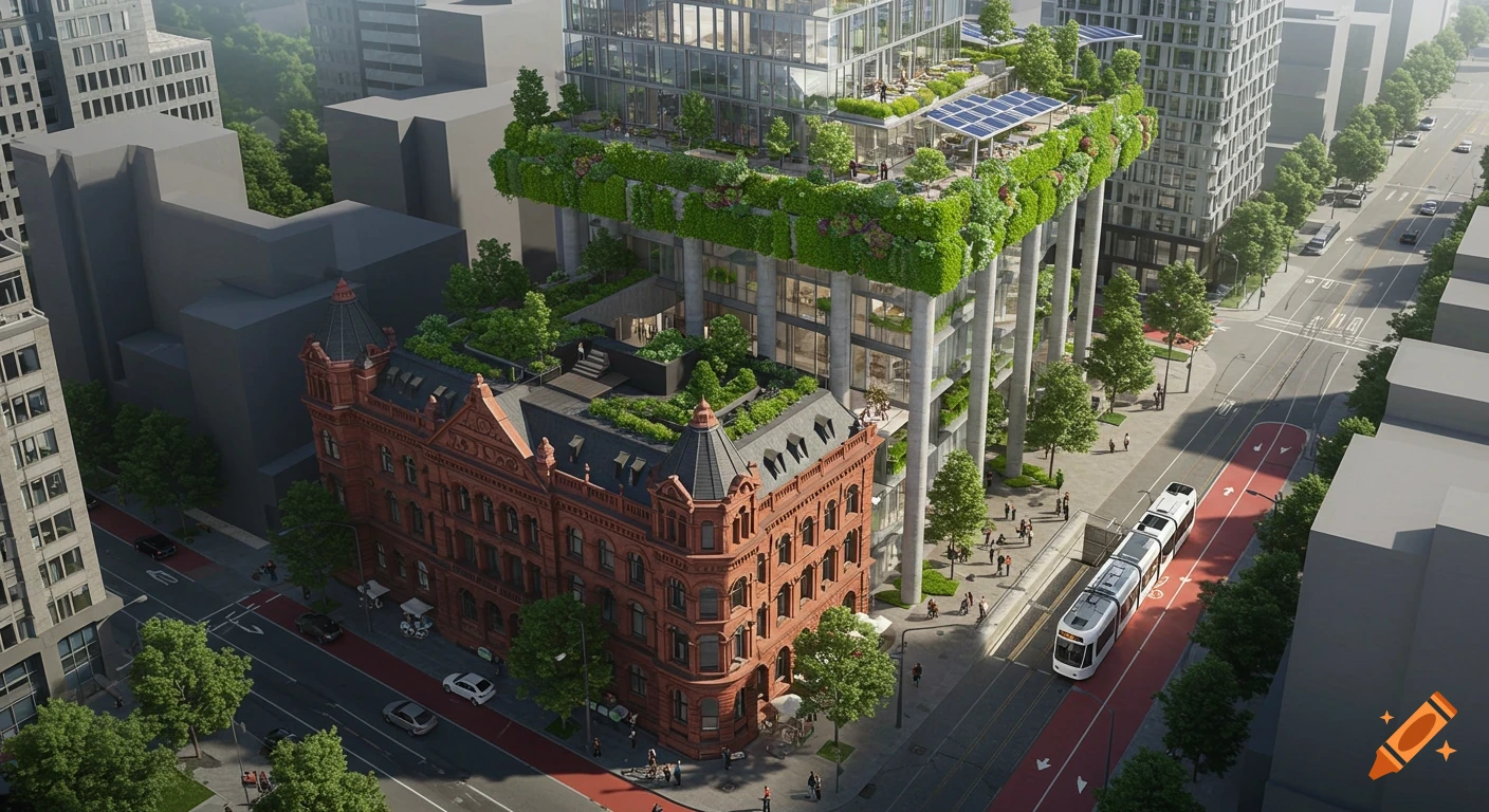 A hyper-realistic bird's eye view of a modern green skyscraper and an old brick building in a dense city with trams and bike lanes.