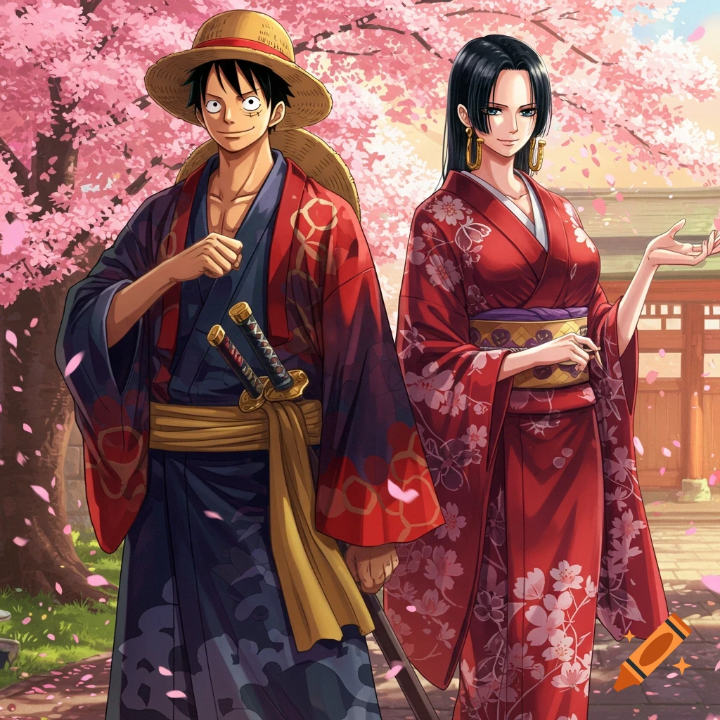 Anime characters Luffy and Boa Hancock in Wano attire stand under cherry blossoms.