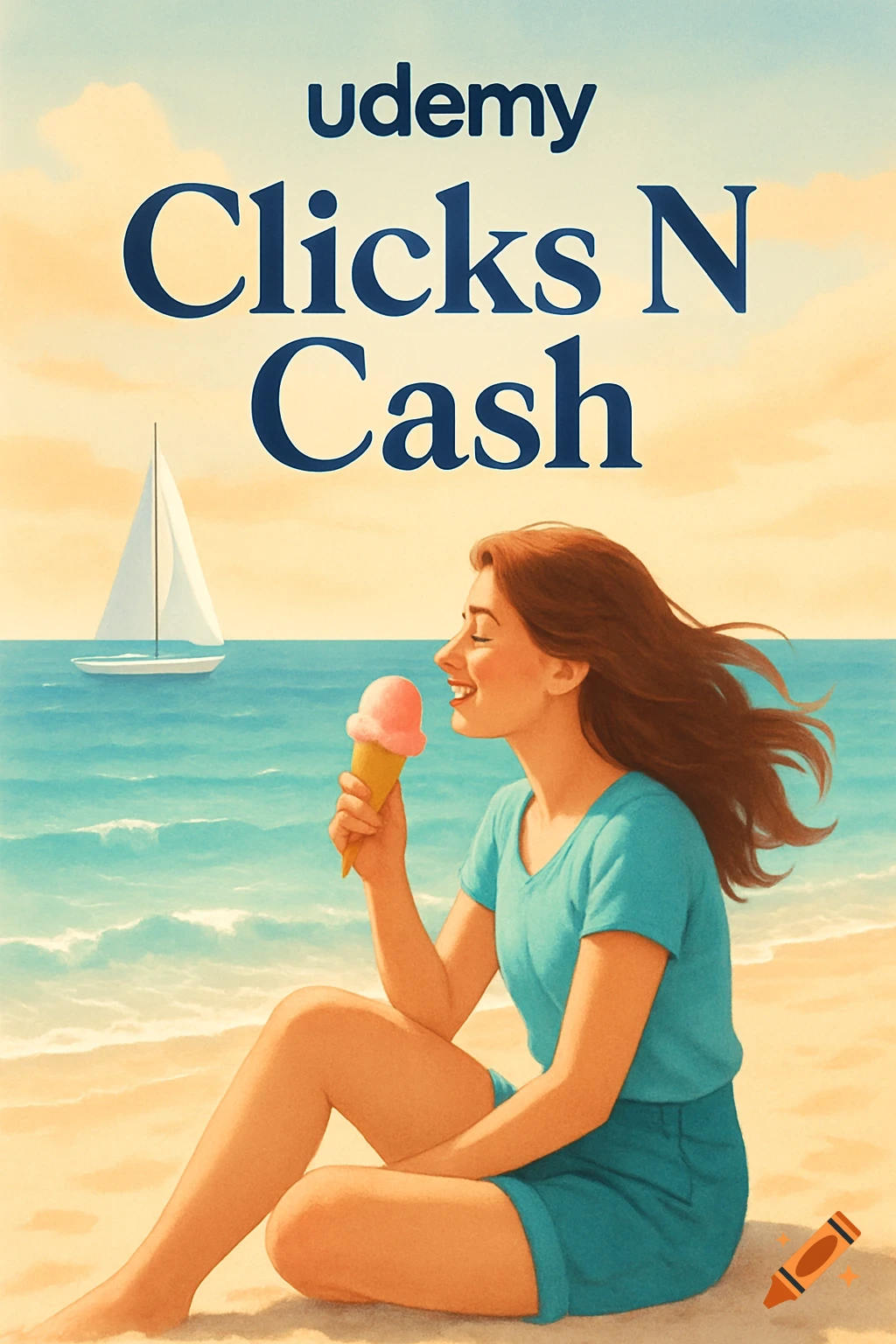 A smiling woman in teal sits on a beach, eating ice cream, with a sailboat on the ocean. Text reads 'udemy Clicks N Cash'.