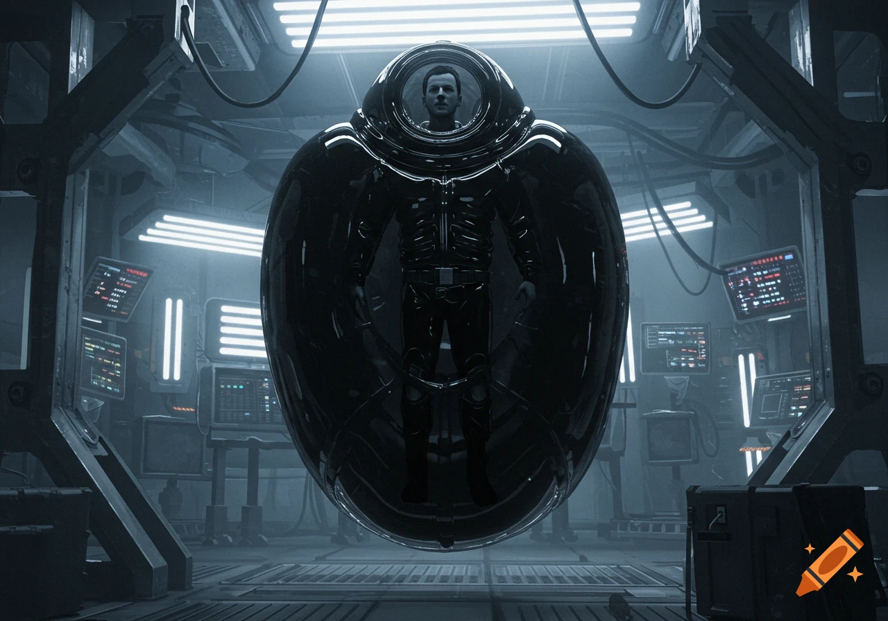 A man in a dark suit floats inside a large, reflective, egg-shaped pod in a futuristic, industrial sci-fi chamber with glowing screens.