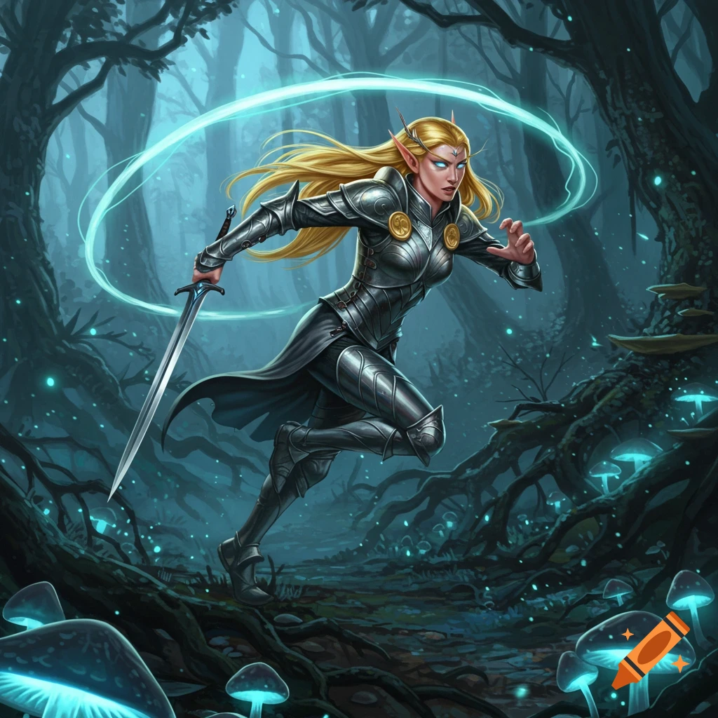An elf warrior in detailed armor runs through a mystical dark forest with glowing blue mushrooms, holding a sword, fantasy painting style.