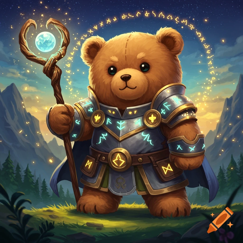 A cute teddy bear in magical armor holds a glowing staff under a night sky with floating runes.