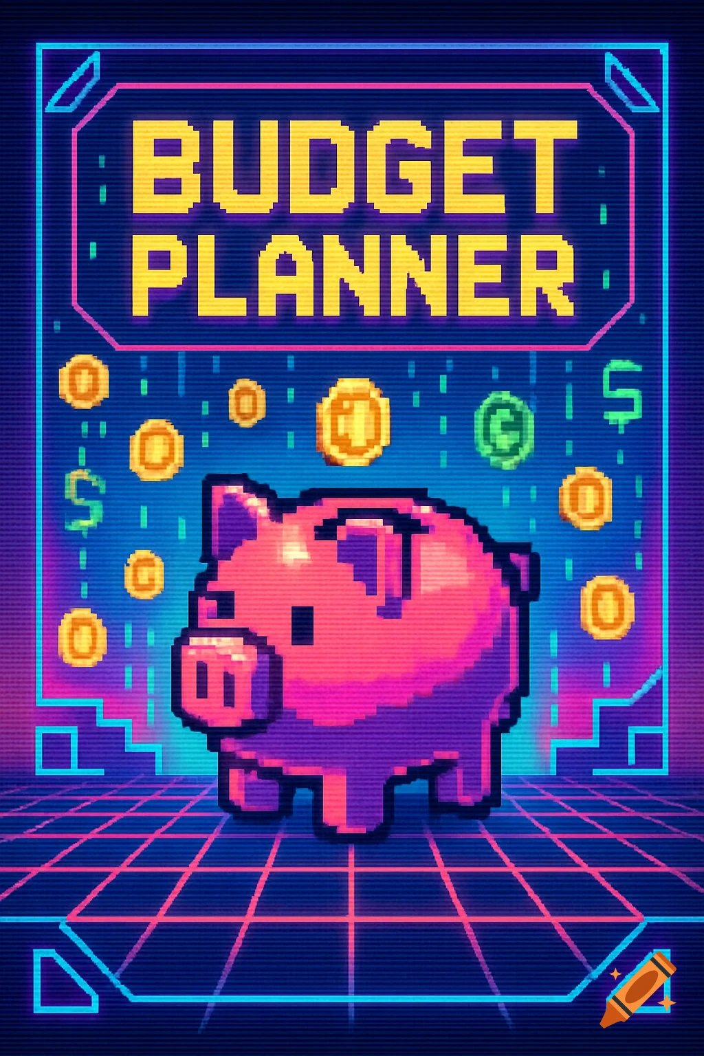 Pixel art budget planner book cover with a pink piggy bank, golden coins, and 'BUDGET PLANNER' text in a neon retro-futuristic style.