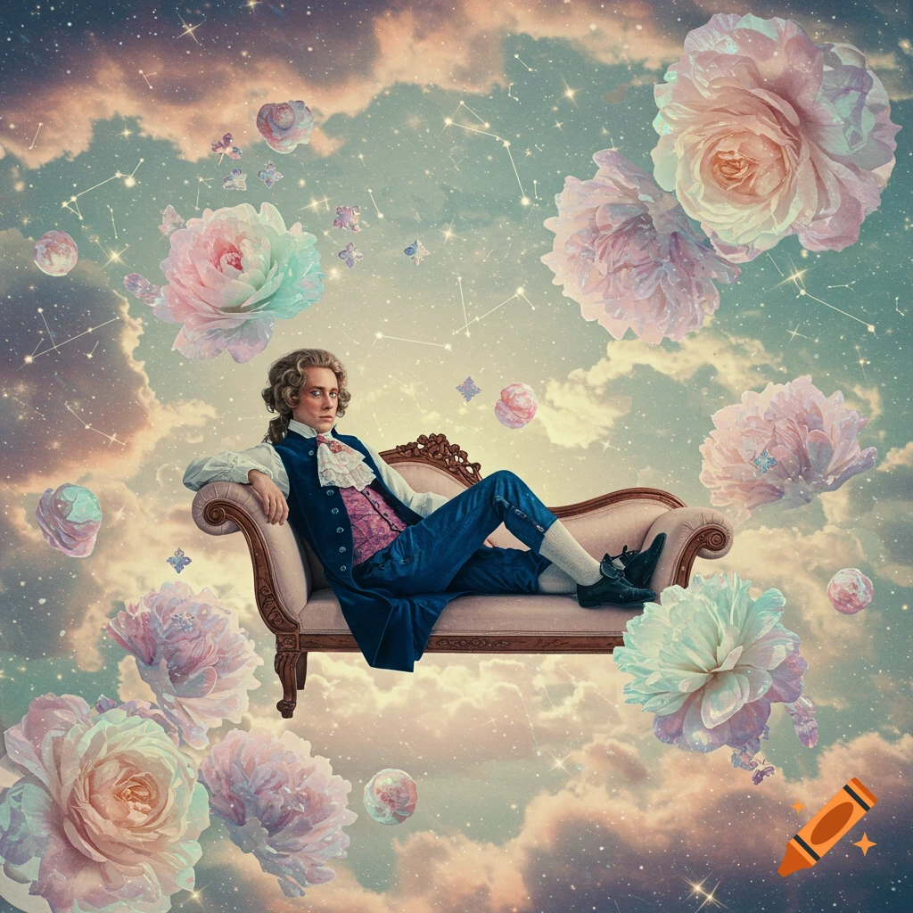 A dandy man in historical attire reclines on a couch, floating in a cosmic sky filled with clouds, stars, and large pastel flowers.