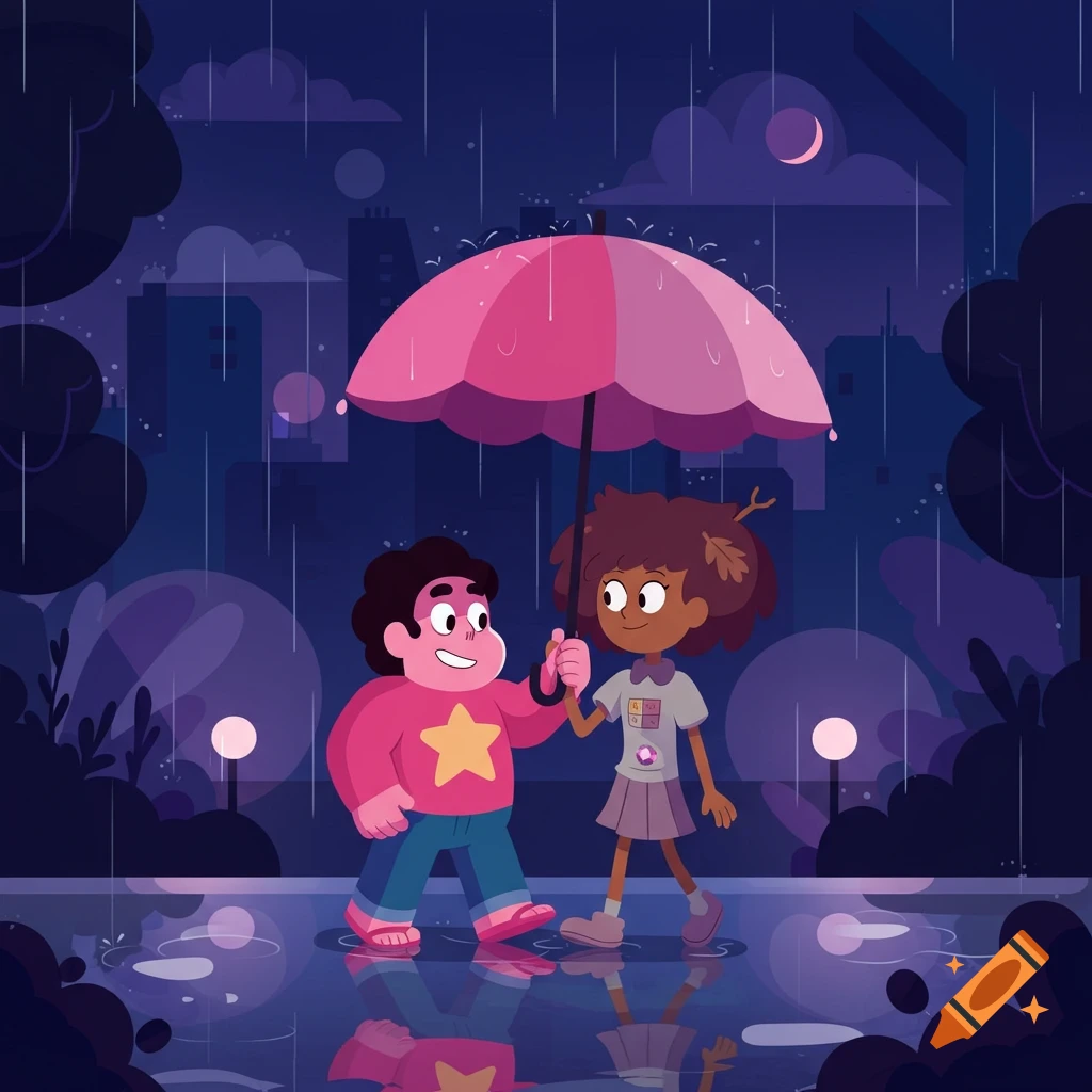 Cartoon characters Steven Universe and Anne Boonchuy walk hand-in-hand under a pink umbrella on a rainy city night.