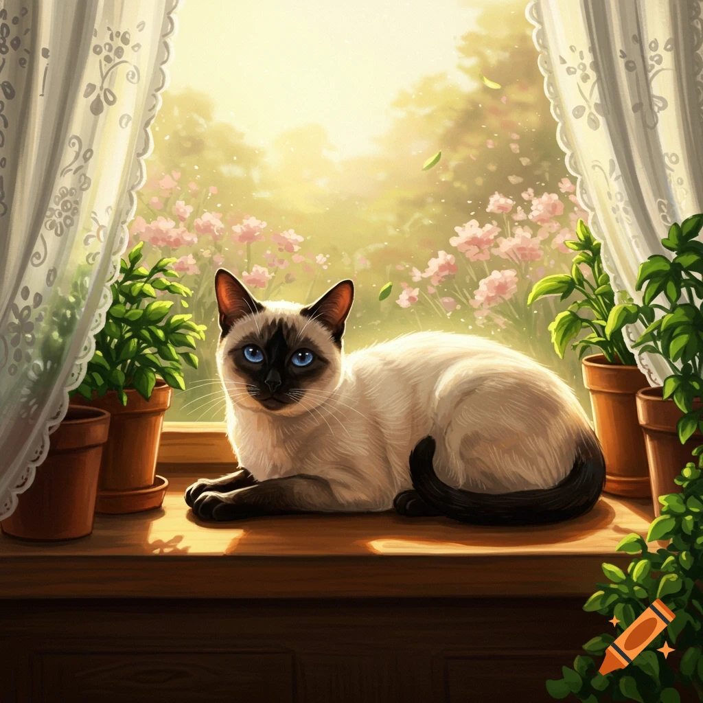 A Siamese cat with blue eyes rests on a sunny windowsill next to potted plants and lace curtains, looking out at a bright, flowery garden. Painterly art.