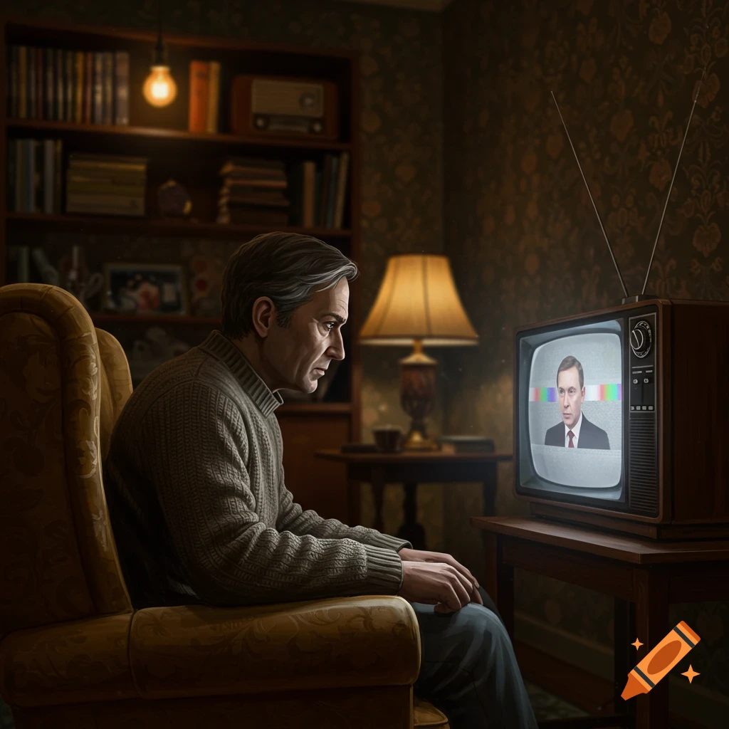 A man in a brown sweater watches a news broadcast featuring a man and color bars on a vintage tube TV in a dimly lit, cozy room.