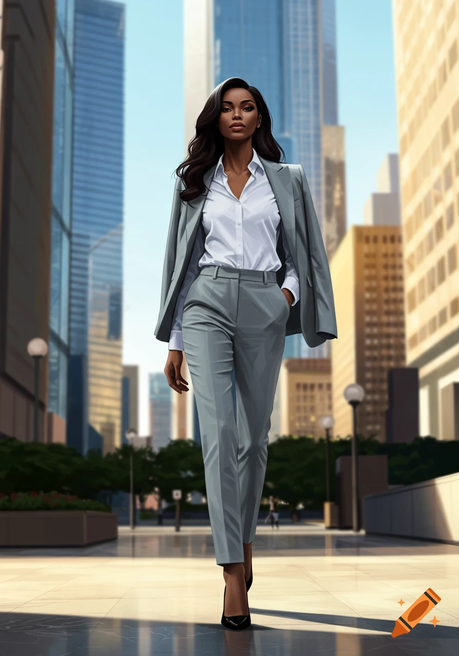 A stylish Black businesswoman walks confidently in a modern city, wearing a light gray suit, white shirt, and black heels, in an illustrative style.