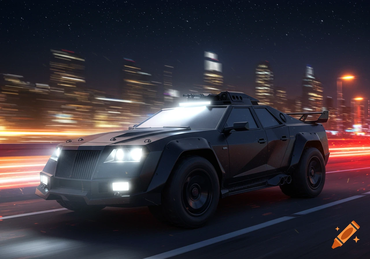 A black, armored, tank-like car with bright lights speeds down a highway at night, with a blurred city in the background.