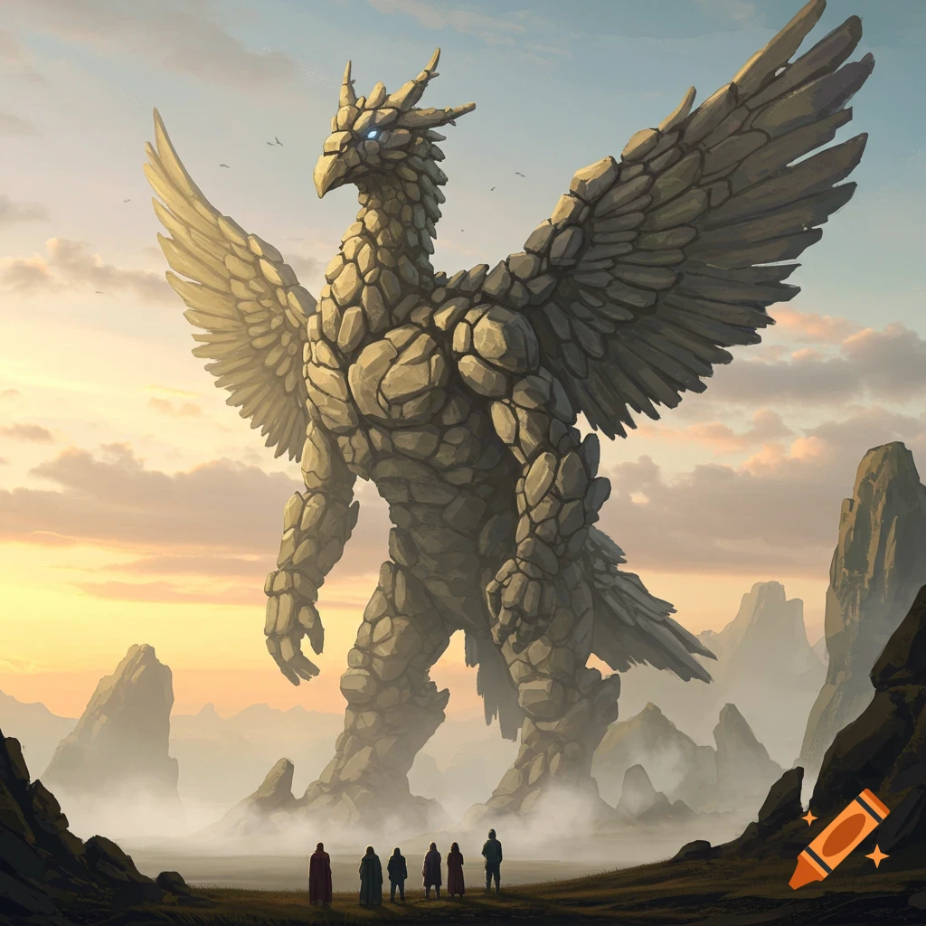 A colossal, winged rock monster, resembling a griffin, stands in a misty valley at sunset, towering over tiny humans and rocky peaks.