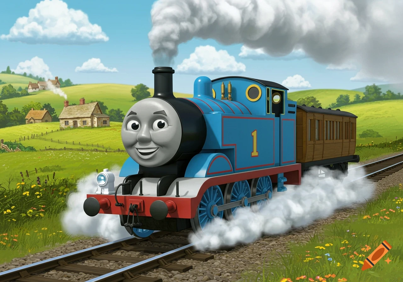 Thomas the Tank Engine, a blue train with a friendly face, travels through a green, hilly countryside under a cloudy sky.