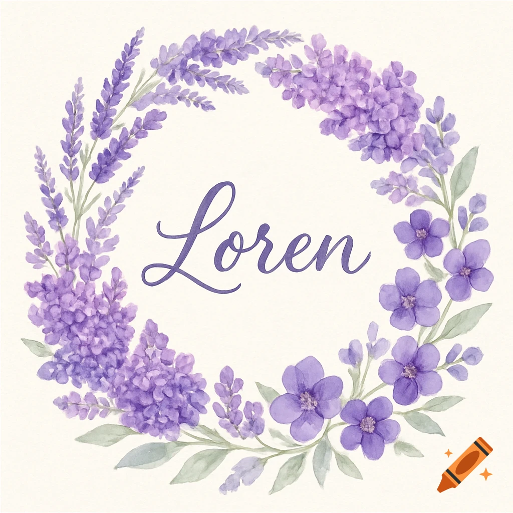 Watercolor floral wreath of purple lavender, lilacs, and violets with green leaves, framing the name Loren in script.