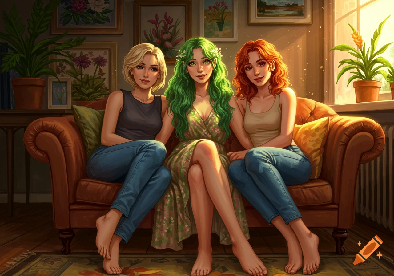 Three beautiful smiling barefoot women, blonde, green-haired, and red-haired, sitting on a sofa in a warm, illustrated room.