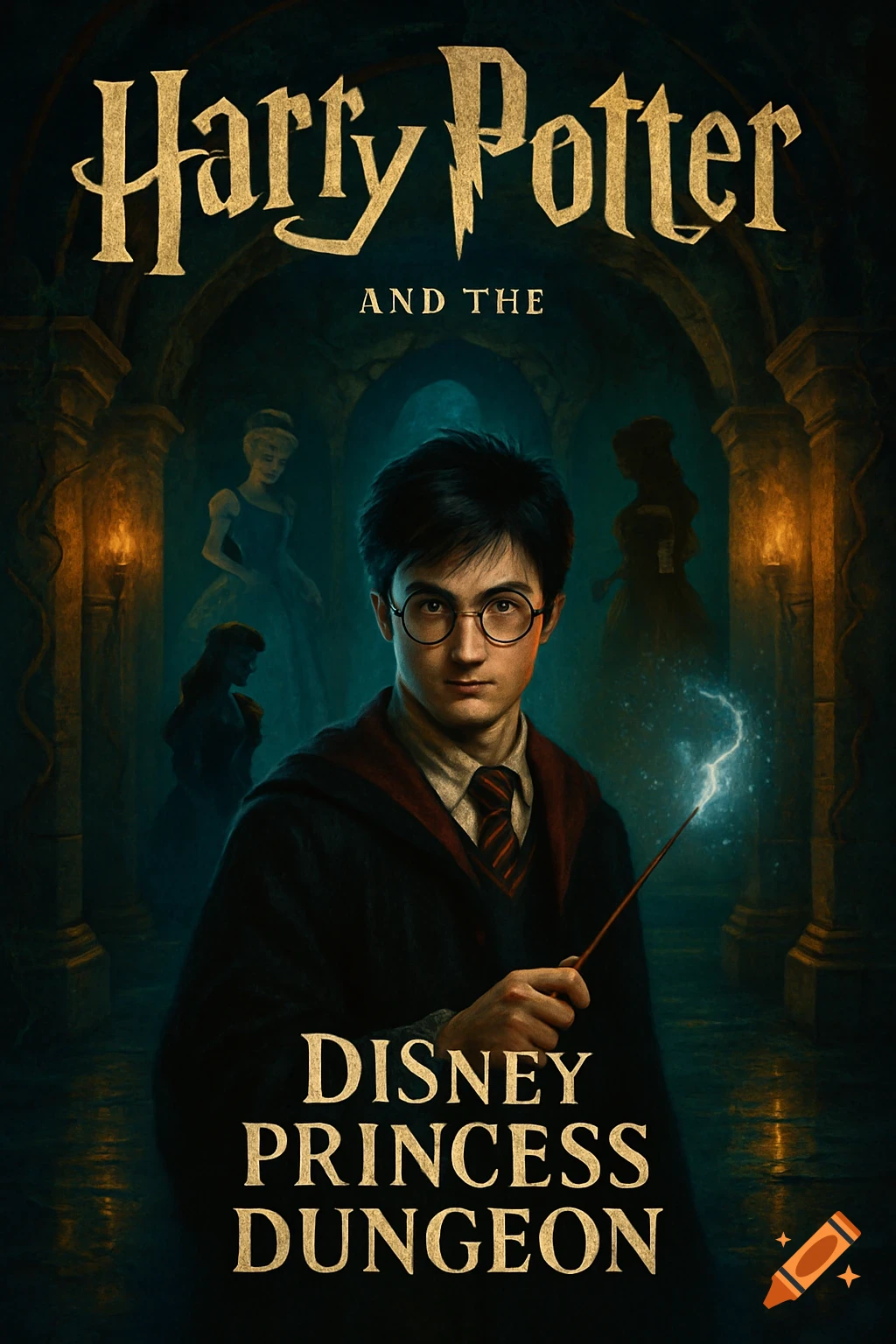 Book cover art featuring Harry Potter holding a wand in a dark dungeon, with faint silhouettes of Disney princesses in the background. The title reads 'Harry Potter and the Disney Princess Dungeon'.