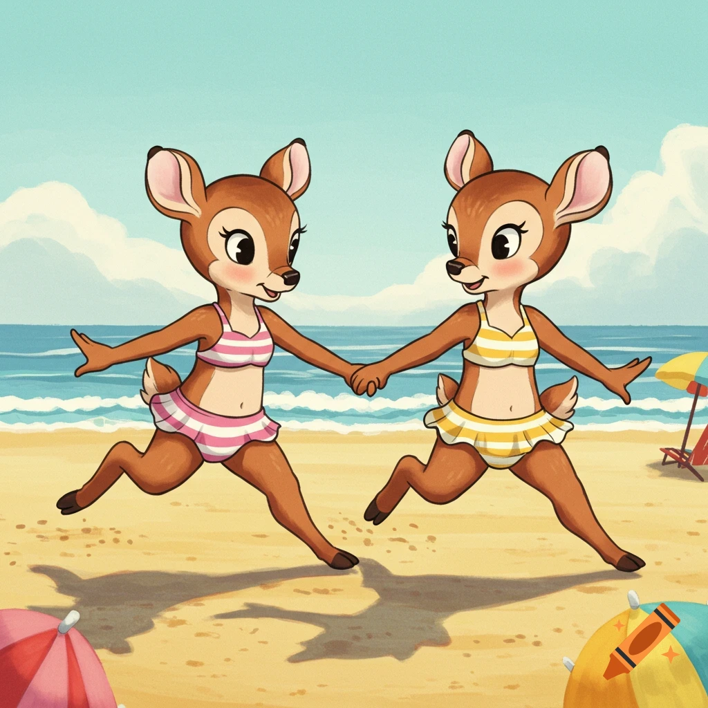 Two cartoon fawn deer in striped bikinis run on a sandy beach, holding hands, with the ocean in the background.