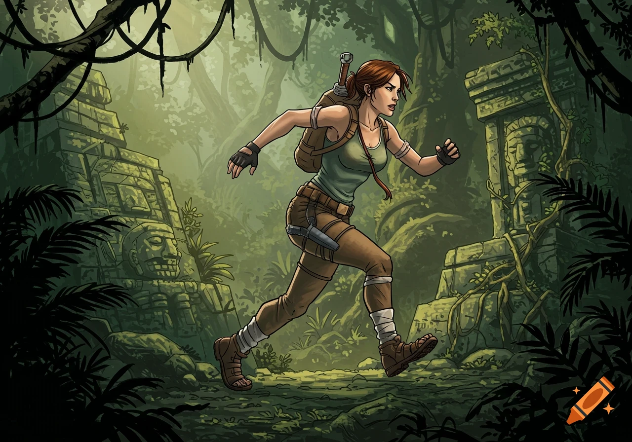 A graphic novel style illustration of an adventurous woman running through a dense jungle with ancient temple ruins.
