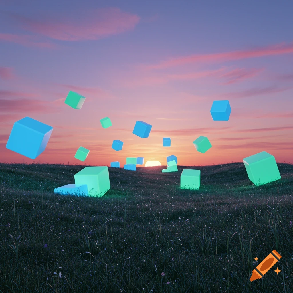 Glowing blue and green cubes float and rest on a grassy hill during a vibrant sunset, with a pink and purple sky.