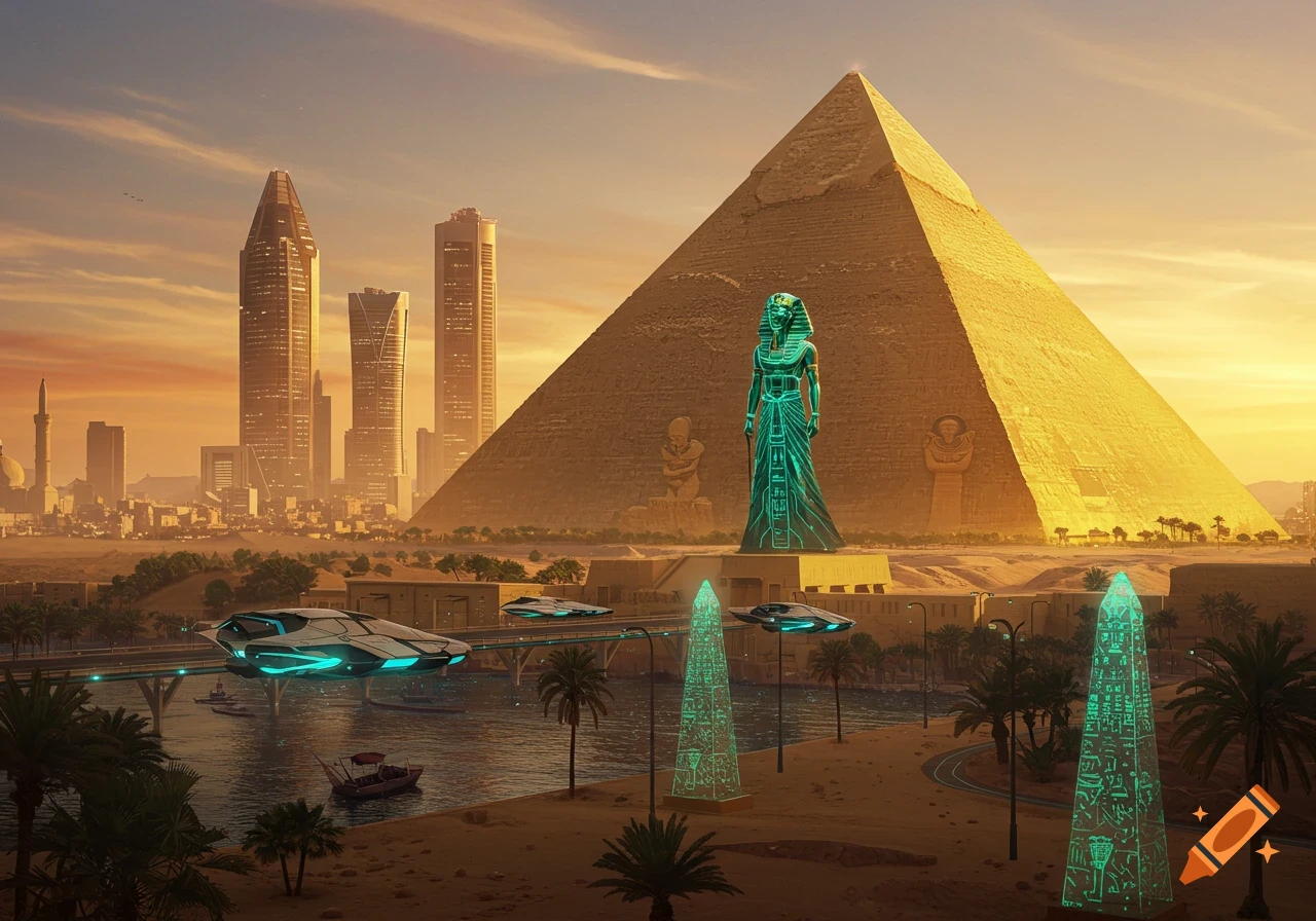 A futuristic cityscape with glowing green ancient Egyptian statues, pyramids, flying cars, and a river at sunset.