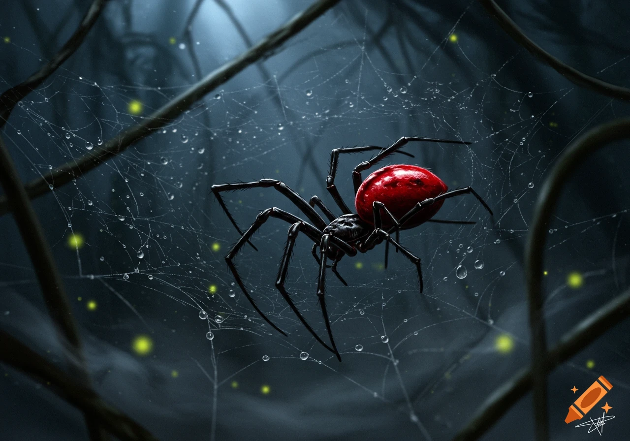 A black spider with a vivid red, shiny abdomen sits on a dew-covered web in a dark, atmospheric setting with glowing yellow spots in the background.