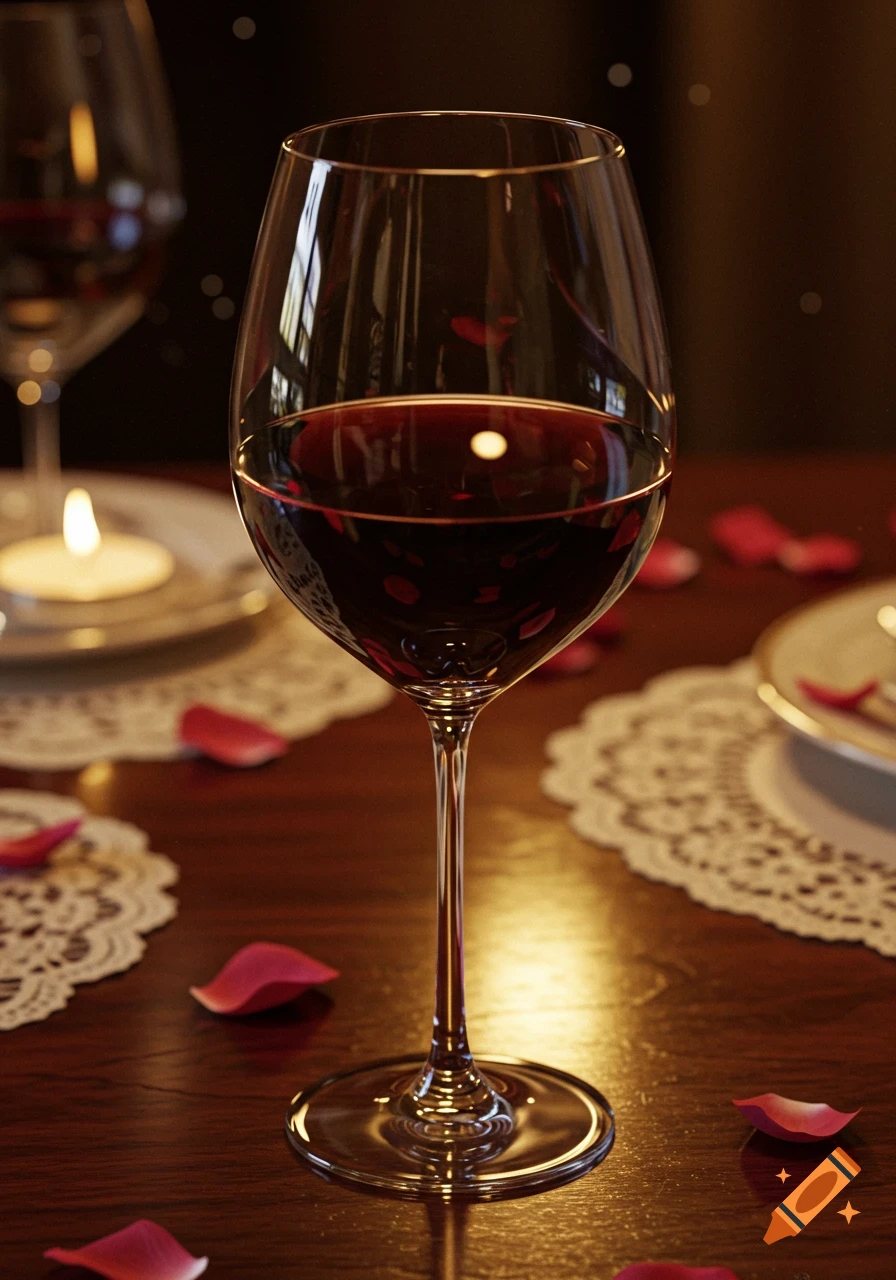 Photorealistic close-up of a red wine glass, a lit candle, and rose petals on a dark wooden table.