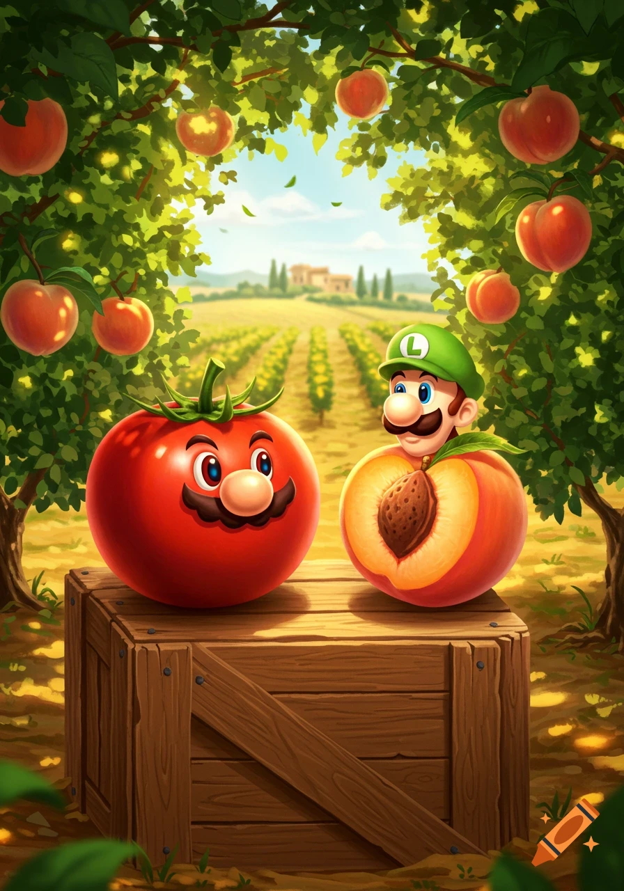 A cartoon tomato with Mario's face and Luigi's head emerging from a peach, on a crate in an orchard.