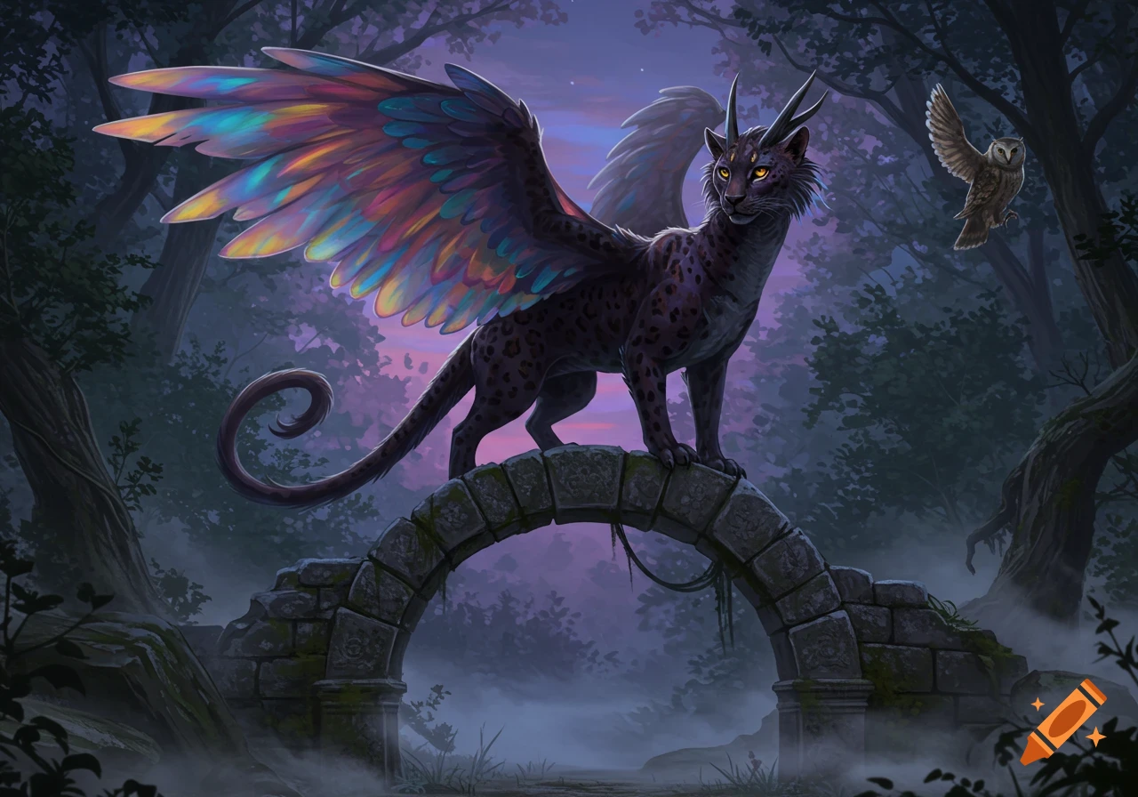A majestic black winged creature with iridescent wings stands on a stone arch in a mystical, misty forest at twilight, an owl flying nearby.