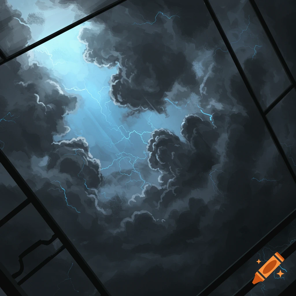 View of dark, stormy clouds and lightning through a skylight, digital art style.
