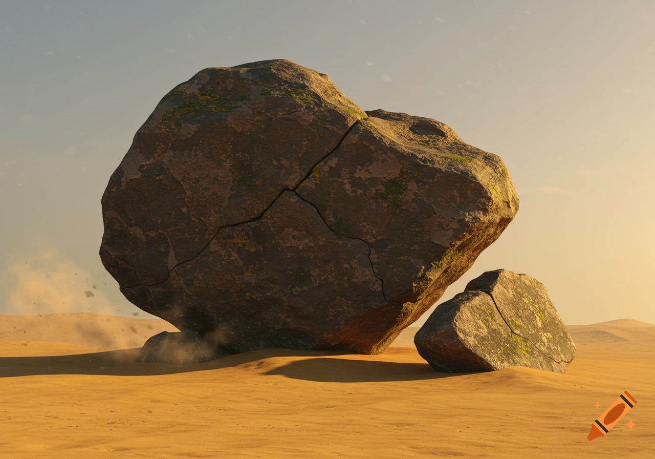 A large cracked boulder with a smaller broken piece sits on a sandy desert floor with dust rising, under a clear sky.