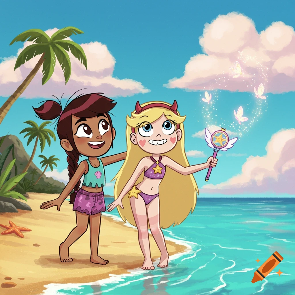 Molly McGee and Star Butterfly in swimsuits walking along a sandy beach with palm trees and blue ocean, in an animated style.