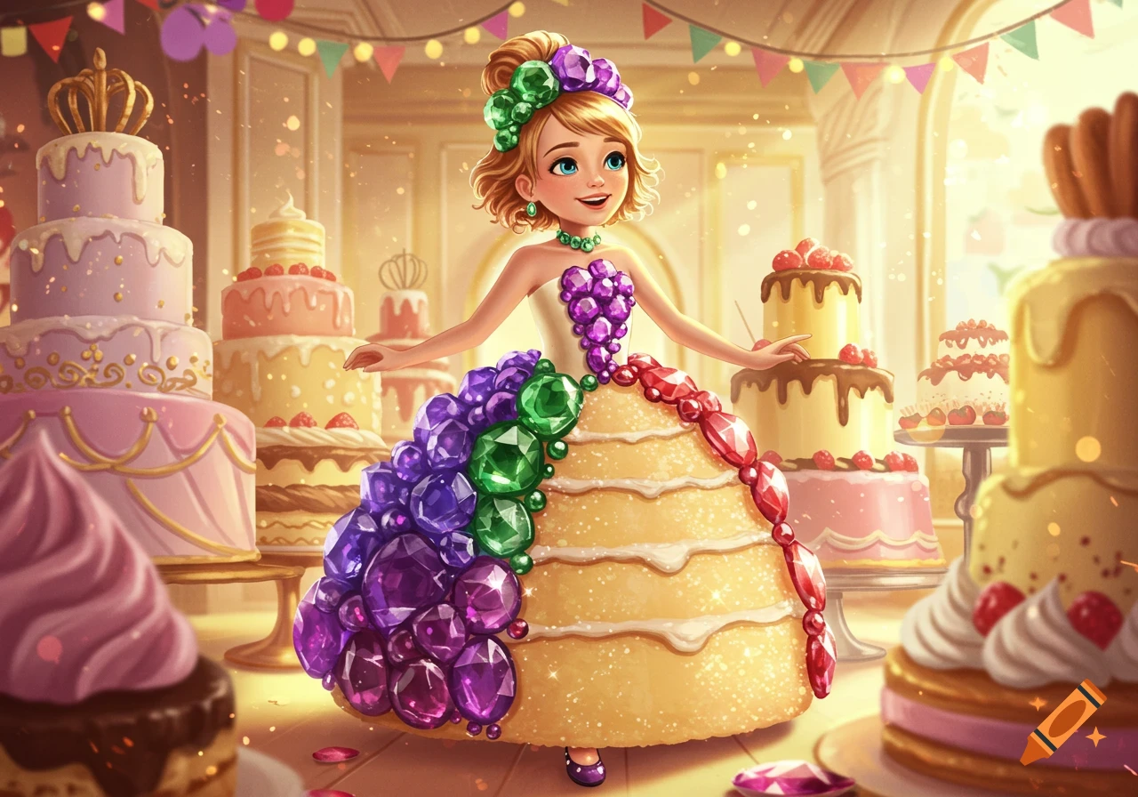 A whimsical illustration of a smiling girl with blonde hair, wearing a dress made of colorful gems and cake, surrounded by tiered cakes in a festive room.