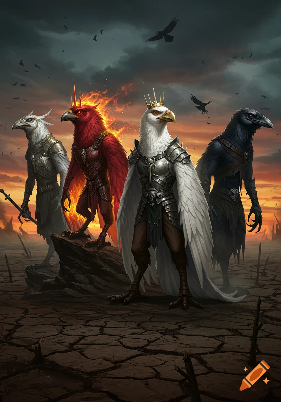 Four armored anthropomorphic bird-men: white, red, black, and pale, stand on cracked earth under a stormy sky. Dark fantasy art.