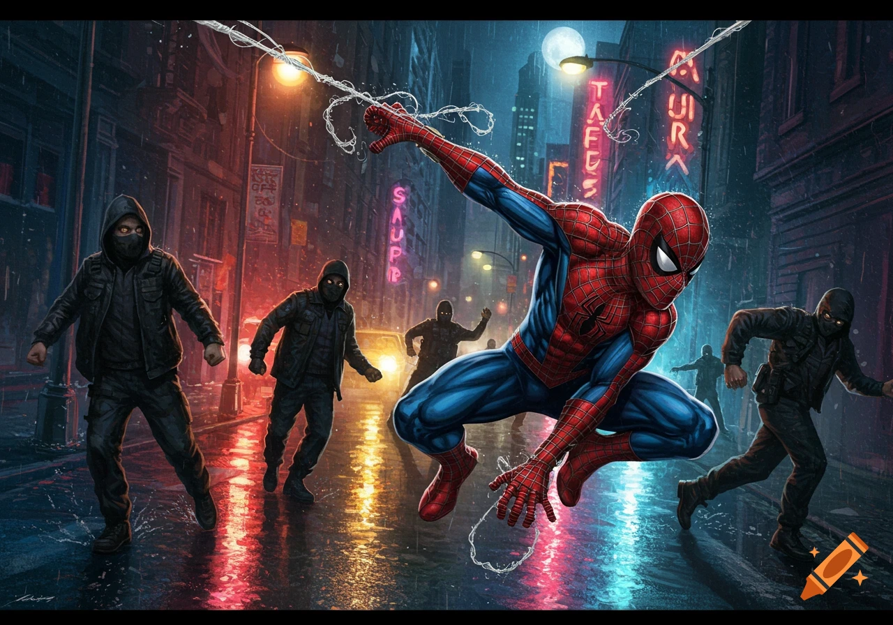 Spider-Man swings through a rainy city street at night, firing webs while masked criminals flee around him amidst glowing neon signs.
