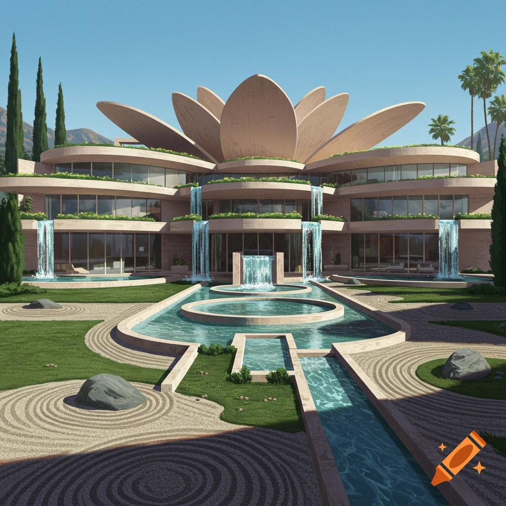 A photorealistic majestic mid-century modern mansion resembling a lotus flower, with cascading water features and a tranquil Zen garden.