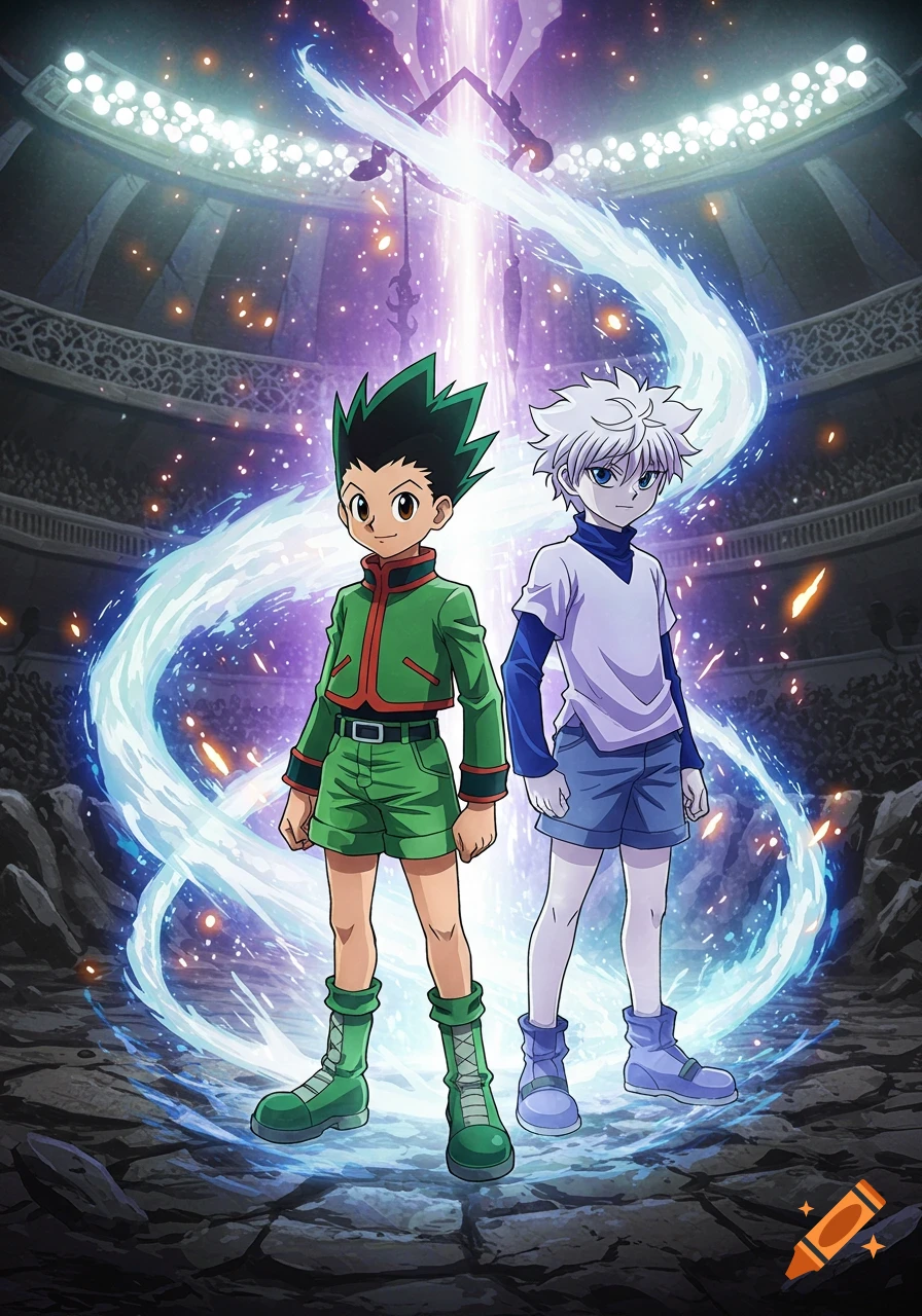 Gon and Killua from Hunter x Hunter stand in an arena surrounded by swirling purple and blue energy, anime style.