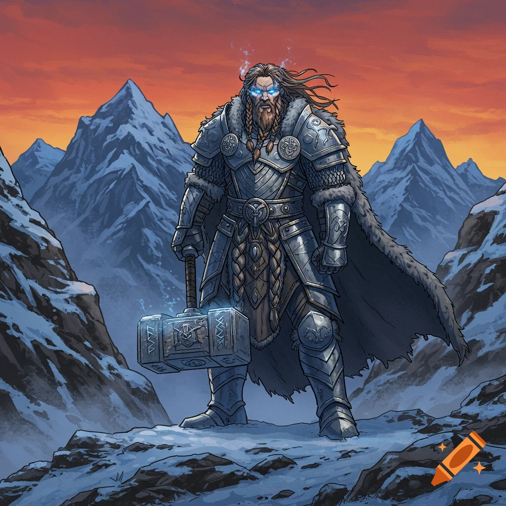 An illustrated powerful armored warrior with a hammer and glowing eyes stands in a snowy mountain landscape at sunset.