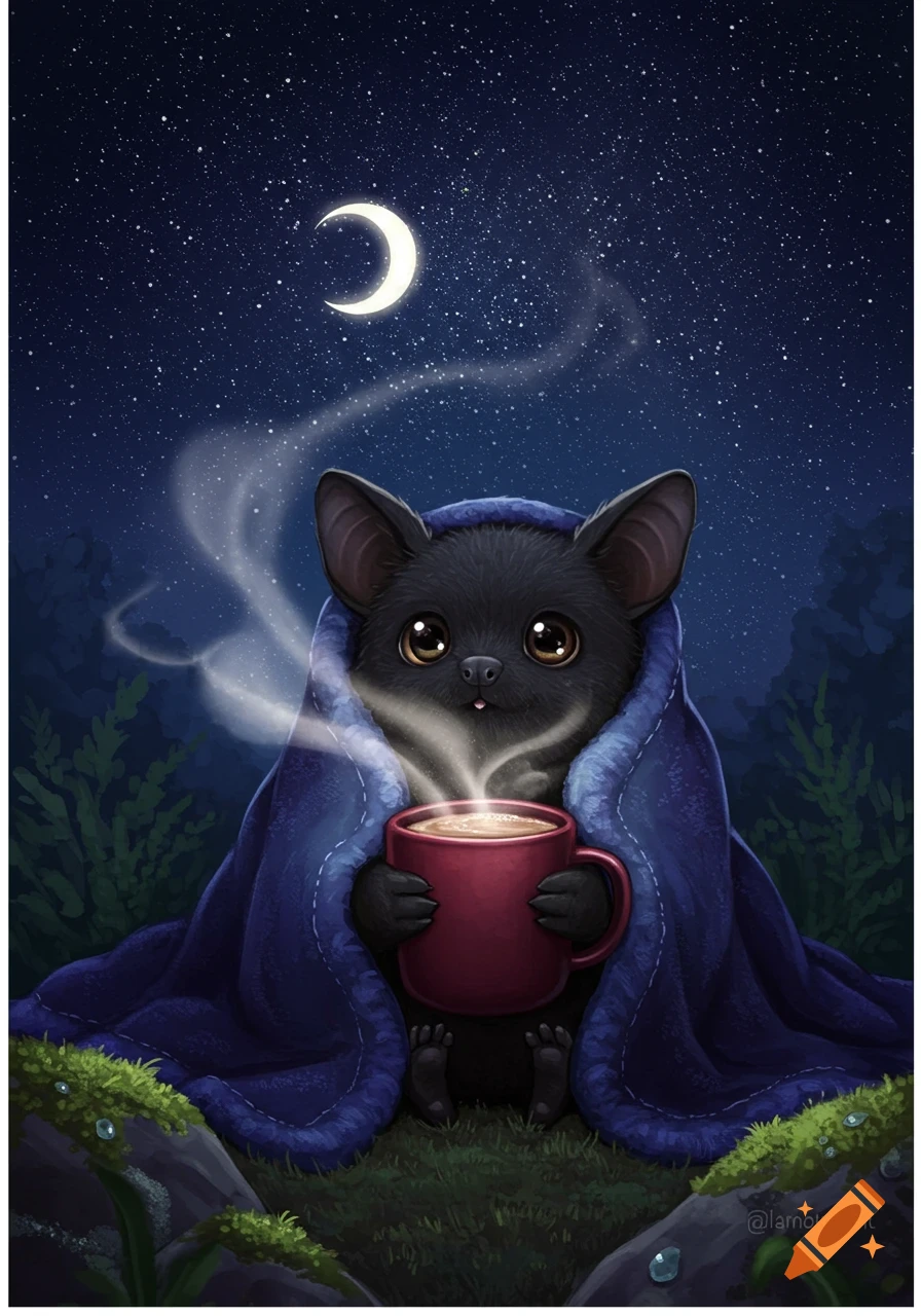 Cute black bat wrapped in a blue blanket, holding a red steaming mug under a starry night sky with a crescent moon.