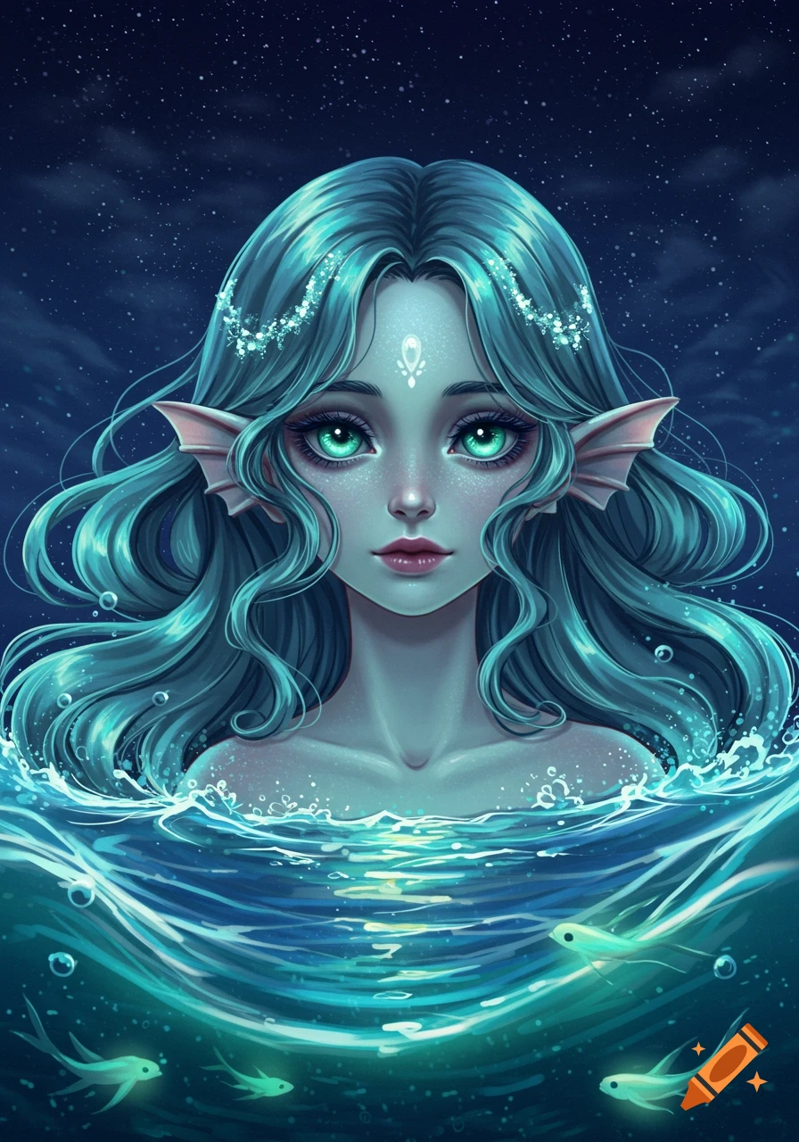 An anime-style digital painting of a mermaid with long teal hair and bright green eyes, emerging from glowing blue water under a starry night sky.