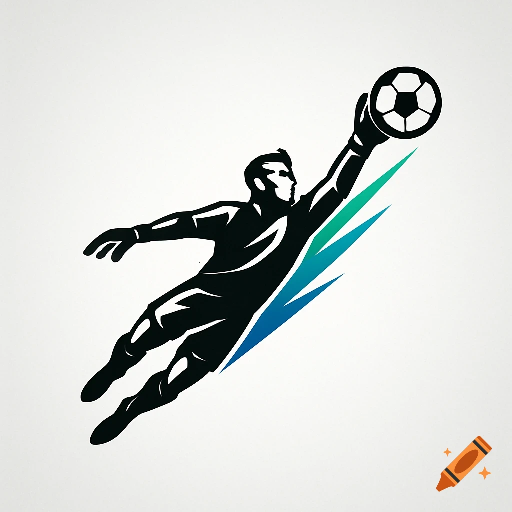 Stylized black silhouette of a goalkeeper diving to catch a soccer ball, with blue and green streaks.